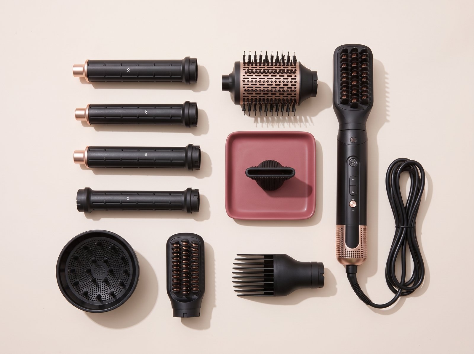ion-Luxe-8-in-1-Airstyler-Pro-with-its-attachments-laid-out-flat