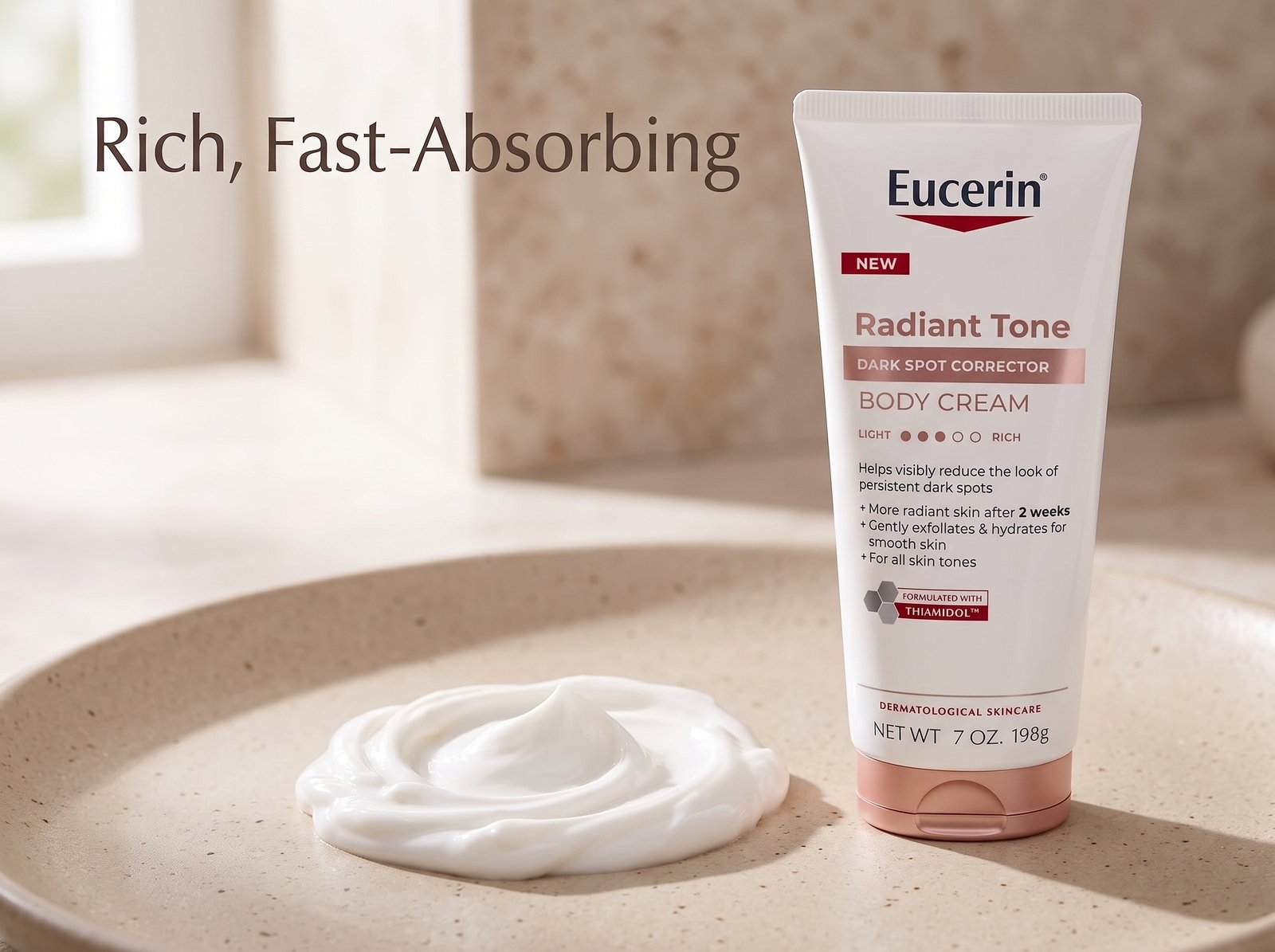Eucerin-Radiant-Tone-dark-spot-body-cream-next-to-a-swirl-of-white-cream